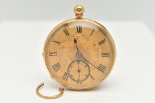 A MID VICTORIAN, 18CT GOLD OPEN FACE POCKET WATCH, key wound, round floral detailed gold dial, Roman