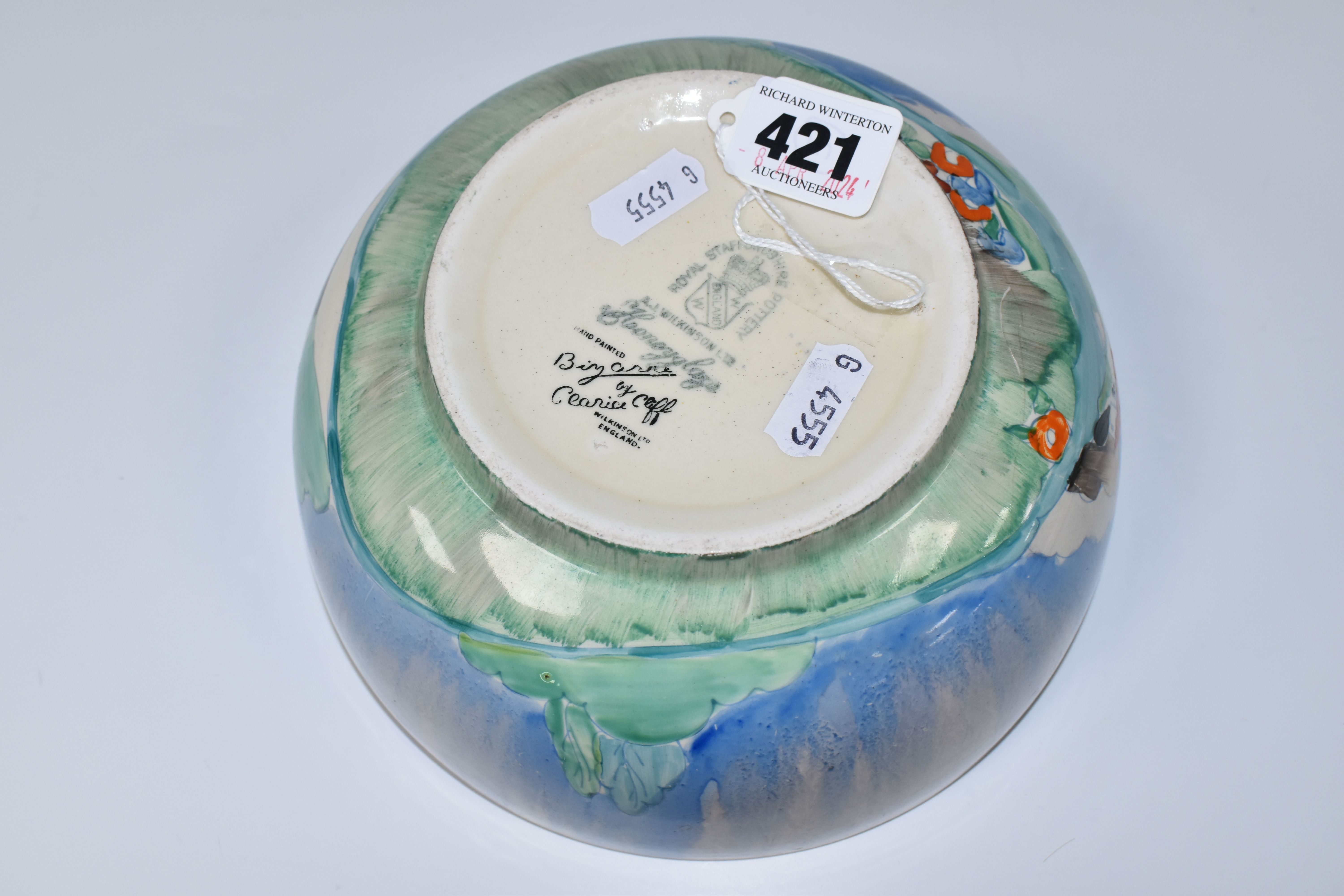 A CLARICE CLIFF BIZARRE NEWLYN PATTERN BOWL, the interior with streaked blue glaze rim and worn - Image 6 of 6