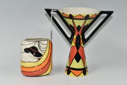TWO LORNA BAILEY VASES, comprising a Harmony vase, of hour glass form with moulded angular