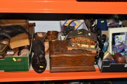 FOUR BOXES/BASKET AND LOOSE TREEN AND SUNDRIES, to include a carved wooden lion and Rino,