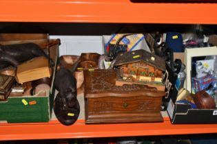 FOUR BOXES/BASKET AND LOOSE TREEN AND SUNDRIES, to include a carved wooden lion and Rino,