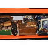 FOUR BOXES/BASKET AND LOOSE TREEN AND SUNDRIES, to include a carved wooden lion and Rino,