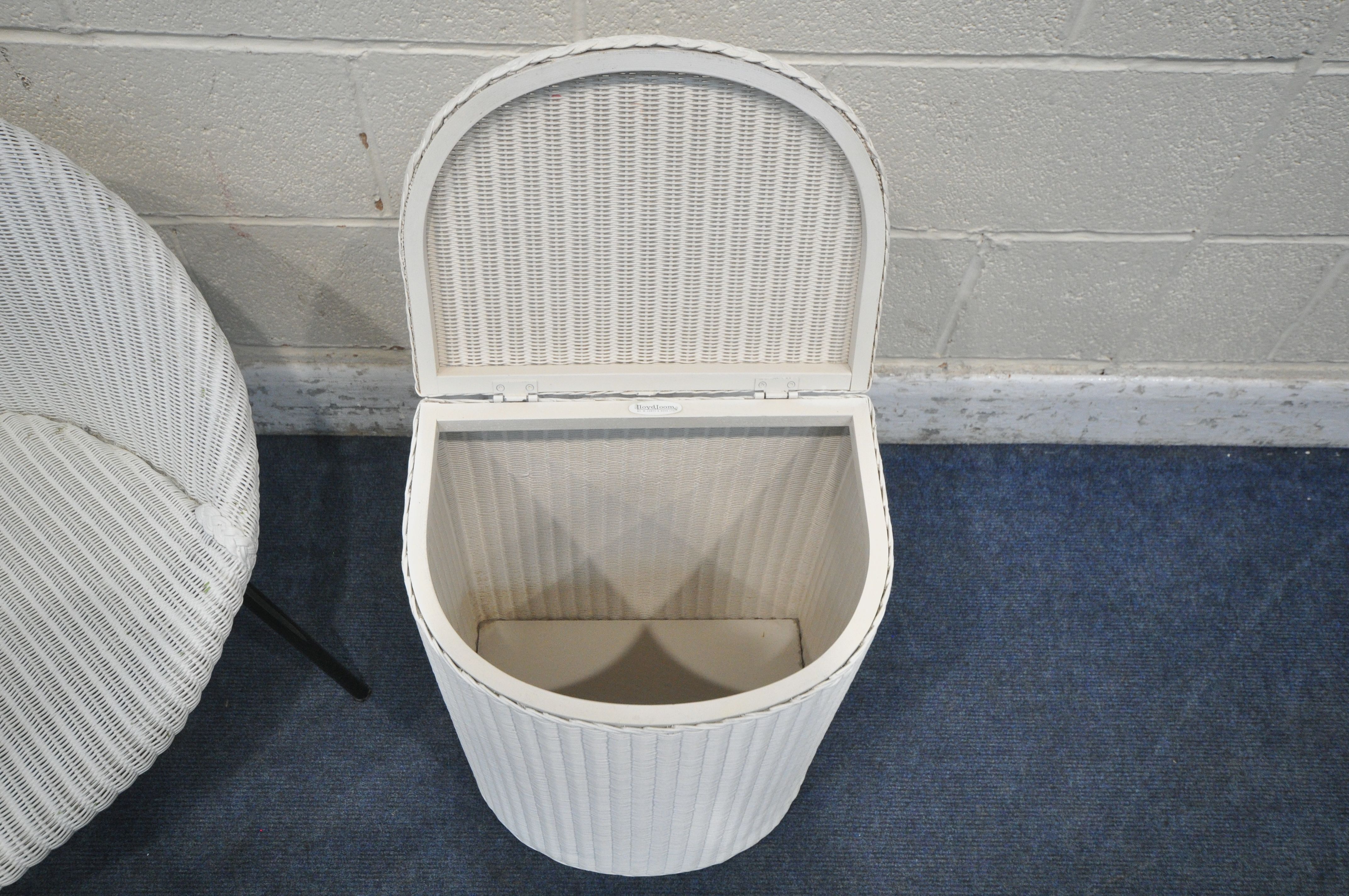 A WHITE PAINTED LLOYD LOOM SATELLITE CHAIR, along with a Lloyd Loom bow front linen basket ( - Image 4 of 5