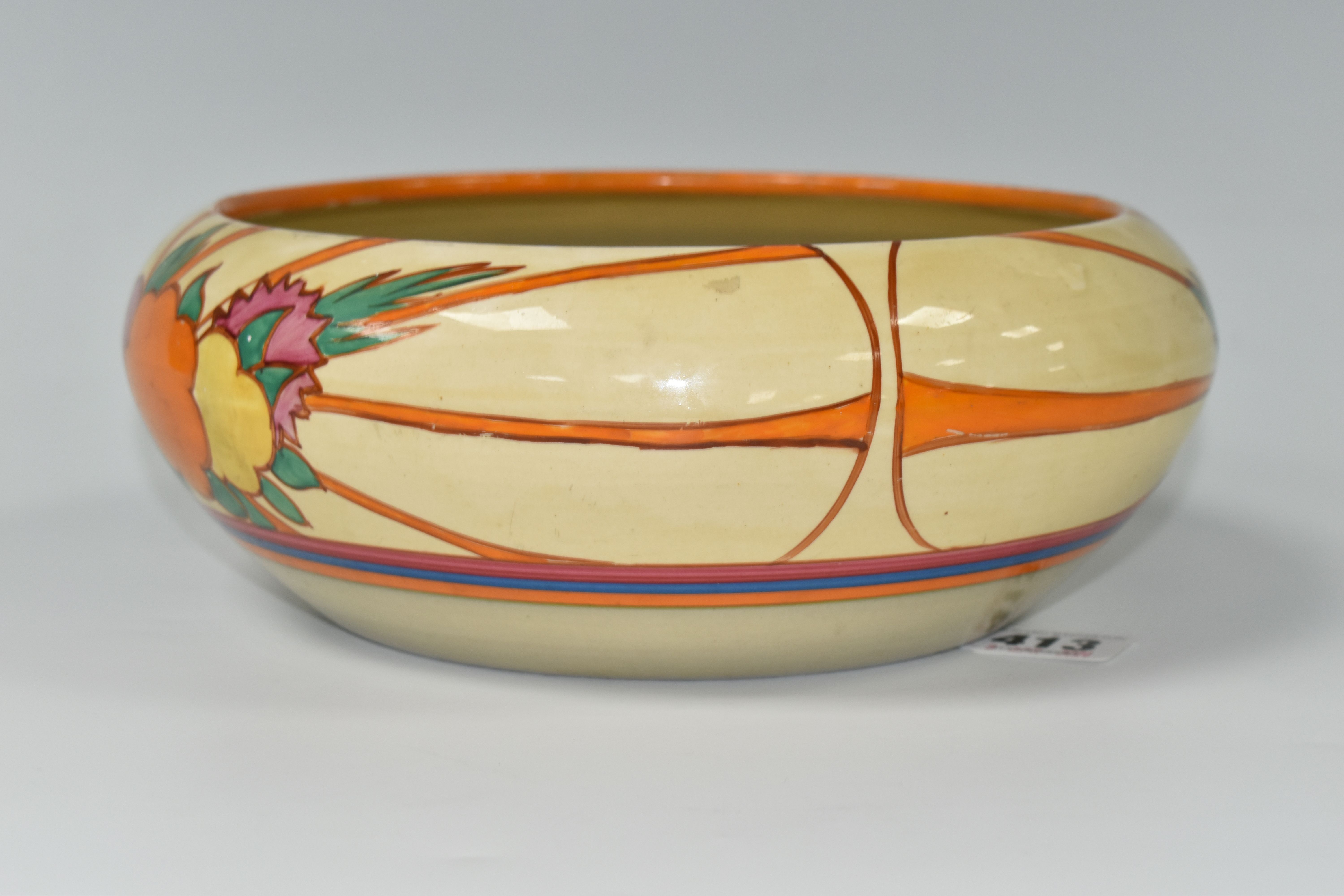 A CLARICE CLIFF FANTASQUE BIZARRE FRUITBURST PATTERN BOWL, the heavily worn interior with painted - Bild 2 aus 8