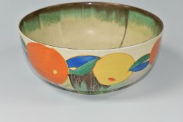 A CLARICE CLIFF DELECIA CITRUS PATTERN BOWL, the worn interior with dripped bands of grey and green,