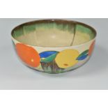 A CLARICE CLIFF DELECIA CITRUS PATTERN BOWL, the worn interior with dripped bands of grey and green,