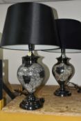 A PAIR OF LARGE CONTEMPORARY TABLE LAMPS, comprising crackled mirror glass bases and large silk