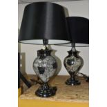 A PAIR OF LARGE CONTEMPORARY TABLE LAMPS, comprising crackled mirror glass bases and large silk