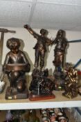 TWO 20TH CENTURY BRONZED PLASTER FIGURES AND THREE SPELTER FIGURES, comprising a plaster figure of a