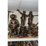 TWO 20TH CENTURY BRONZED PLASTER FIGURES AND THREE SPELTER FIGURES, comprising a plaster figure of a