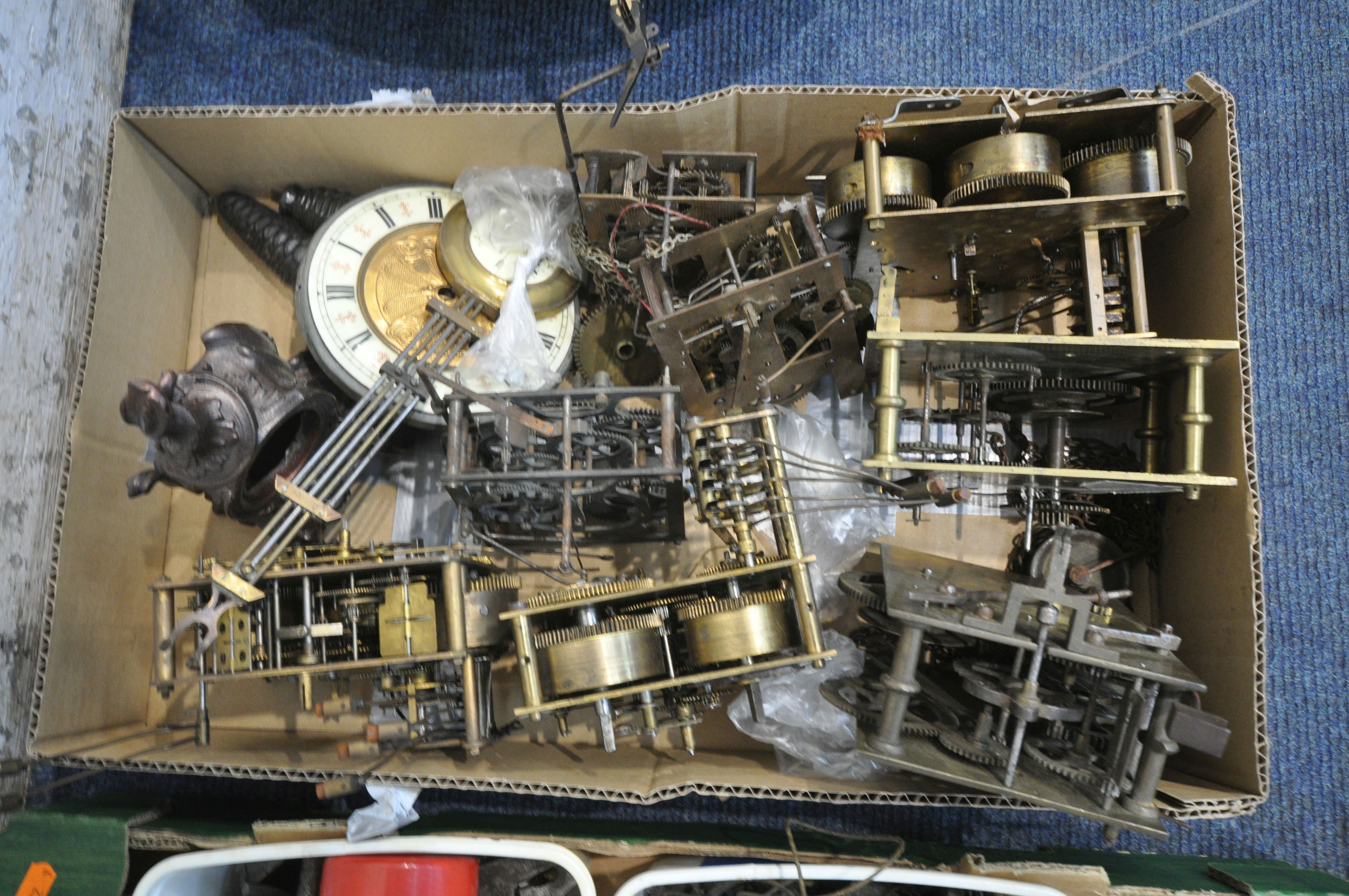 SIX TRAYS CONTAINING WATCHMAKERS TOOLS AND CLOCK PARTS, to include movements, weights, faces, - Image 6 of 19