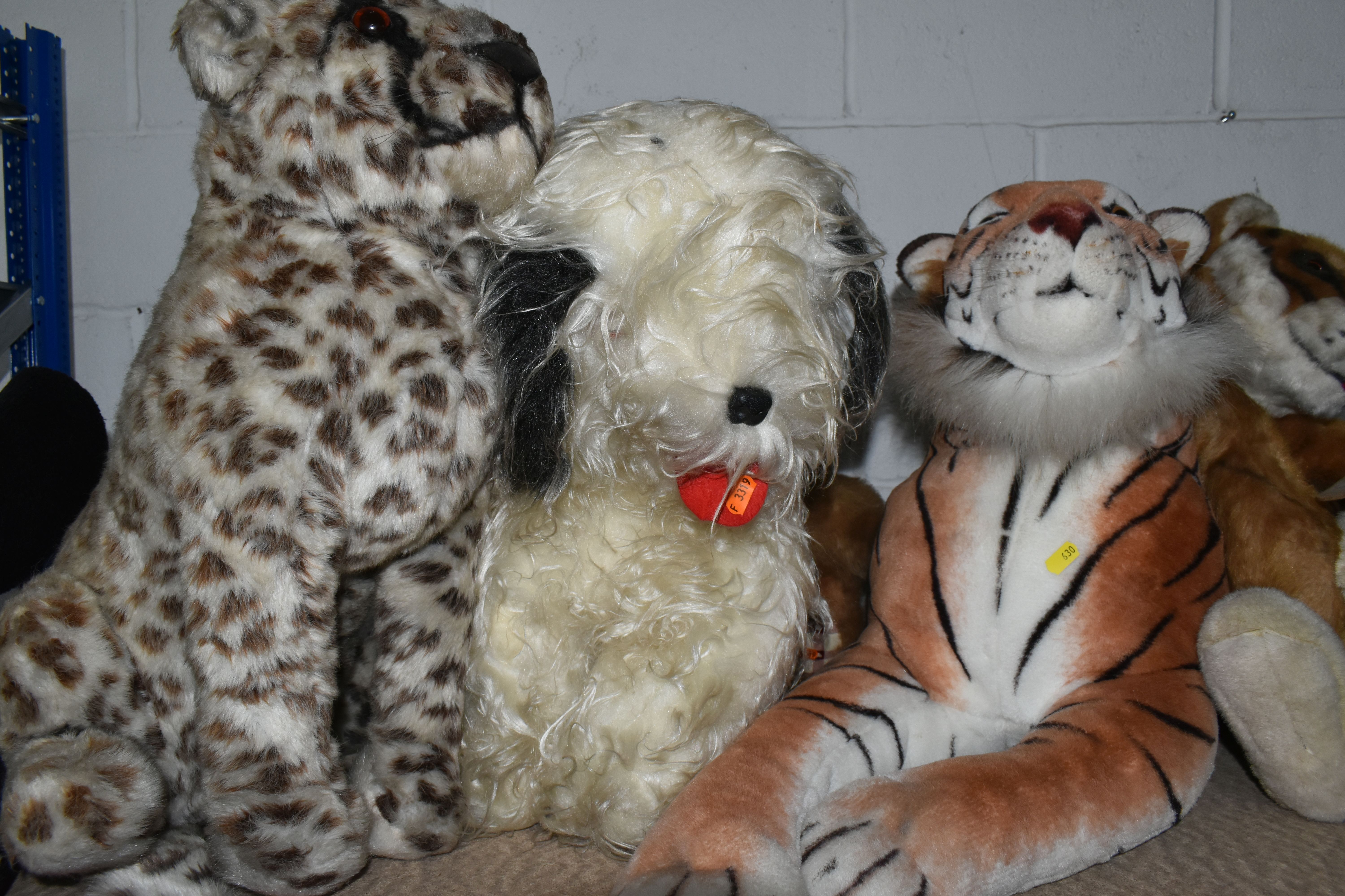 A COLLECTION OF LARGE SOFT TOY ANIMALS, comprising a 'Merrythoughts' seated leopard, height 60cm - Image 7 of 11