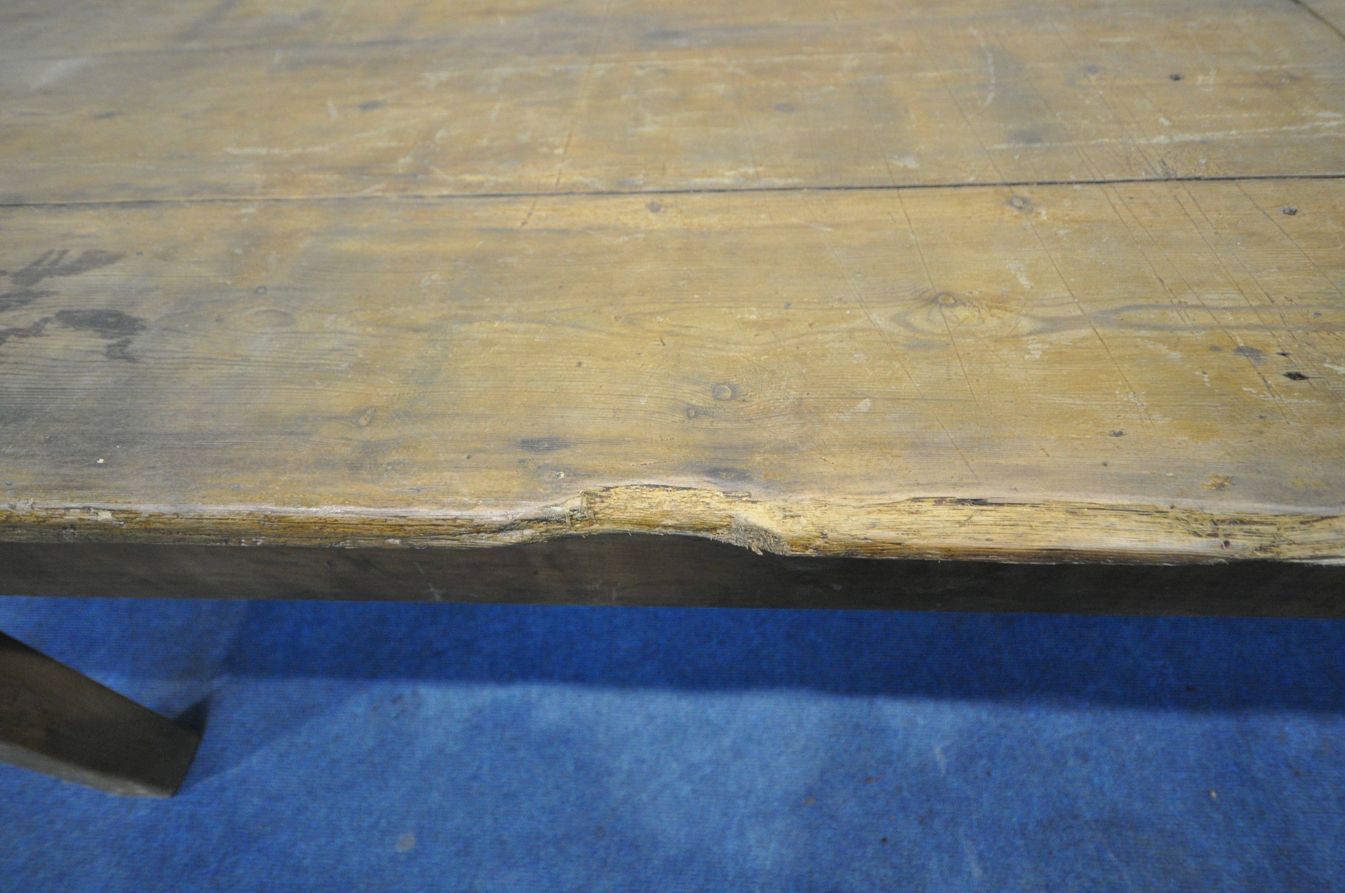 A LARGE RECTANGULAR PINE PLANK TOP TABLE, on block legs, length 273cm x depth 90cm x height 79cm ( - Image 5 of 6