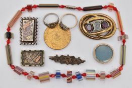 A BAG OF ASSORTED ITEMS, to include a gold plated oval open work brooch, set with two oval cut