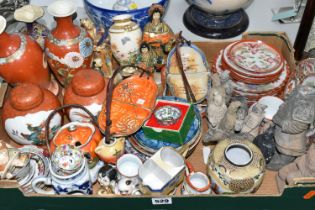 A BOX AND LOOSE ORIENTAL CERAMICS ETC, to include a pair of Chinese storage jars with covers, a pair