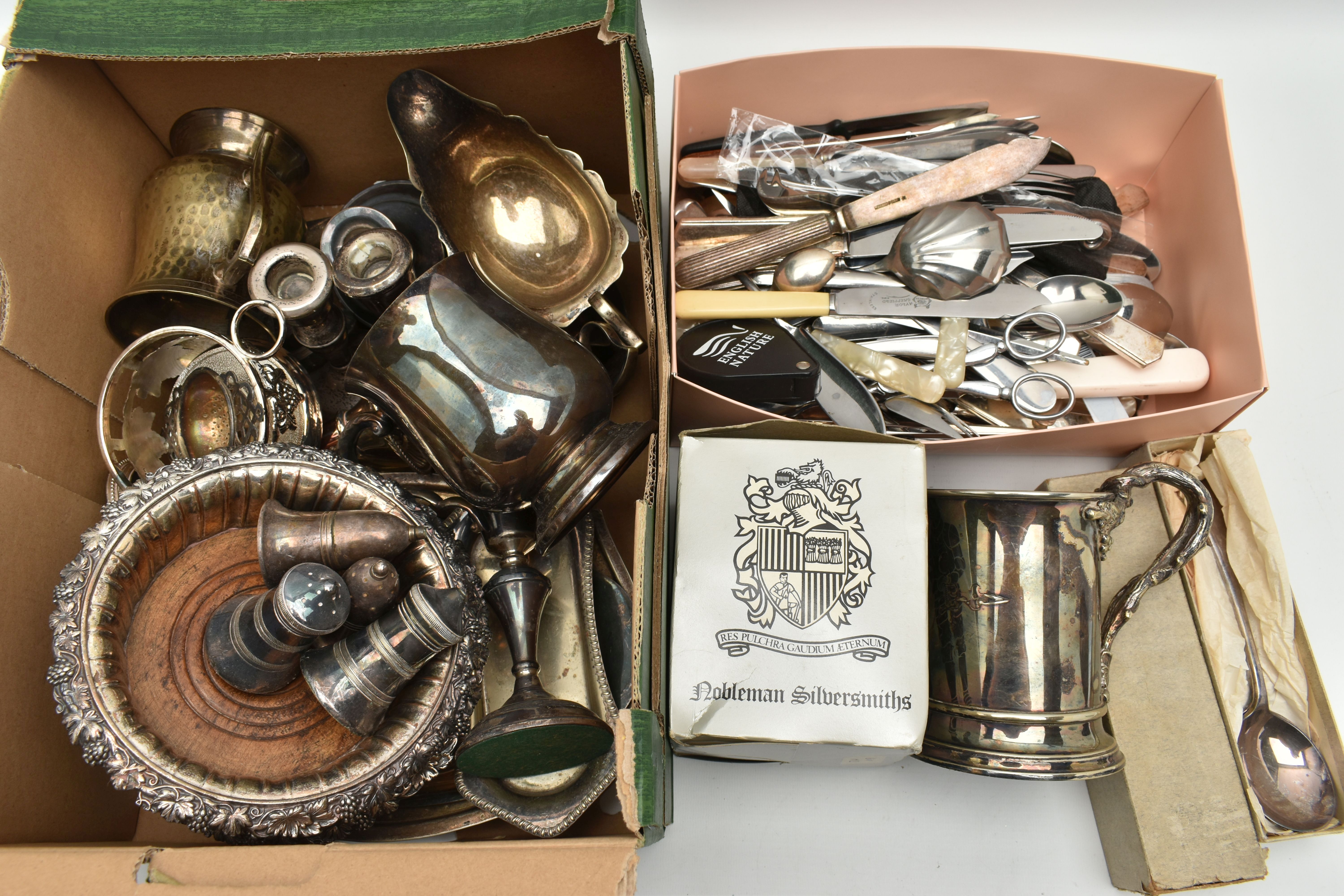 A BOX OF ASSORTED WHITE METAL WARE, to include a pair of wooden base coasters, salt and pepper