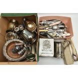 A BOX OF ASSORTED WHITE METAL WARE, to include a pair of wooden base coasters, salt and pepper