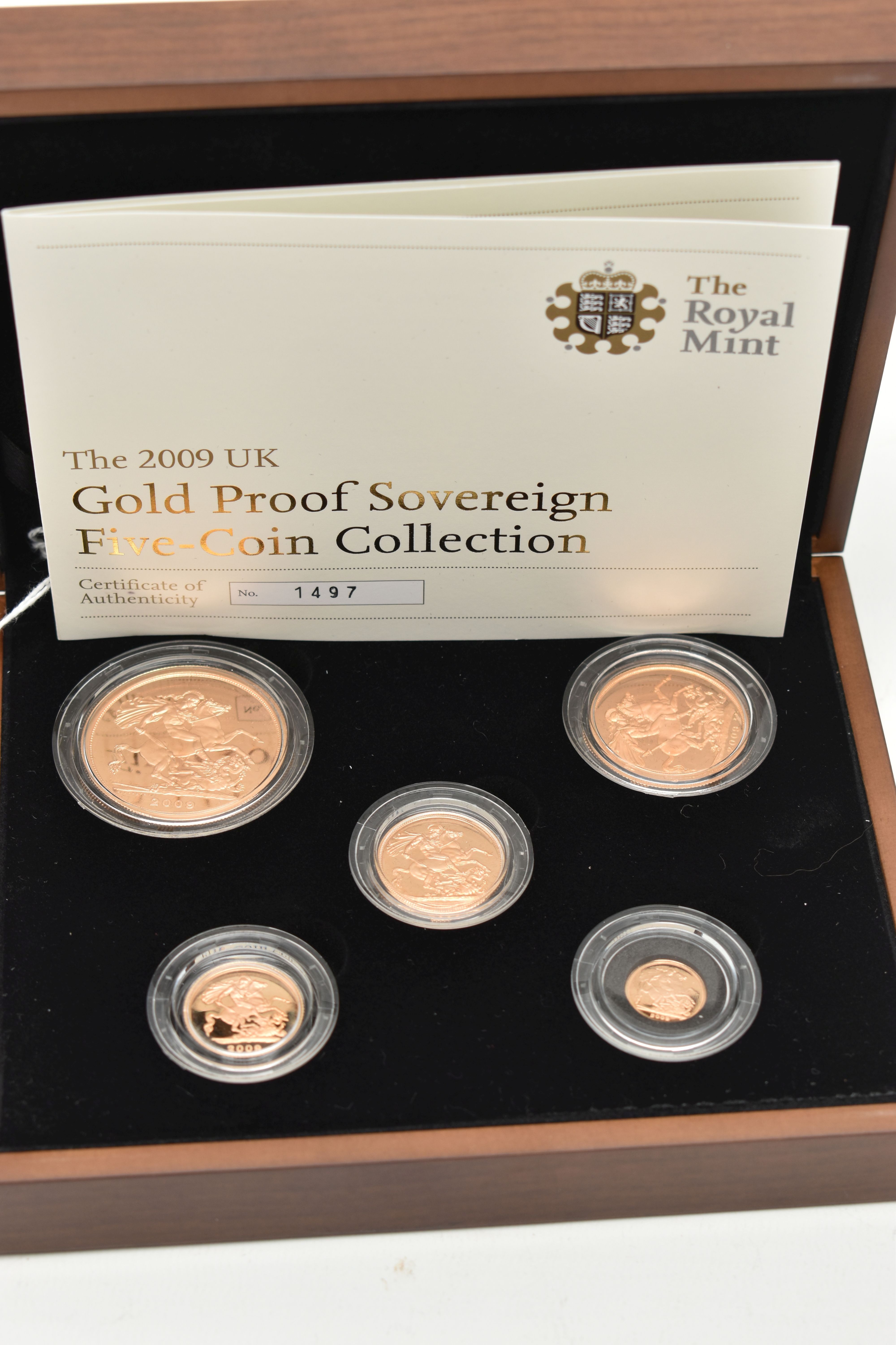 A 2009 ROYAL MINT GOLD PROOF FIVE-COIN COLLECTION, to include Gold Proof £5, Double Sovereign,