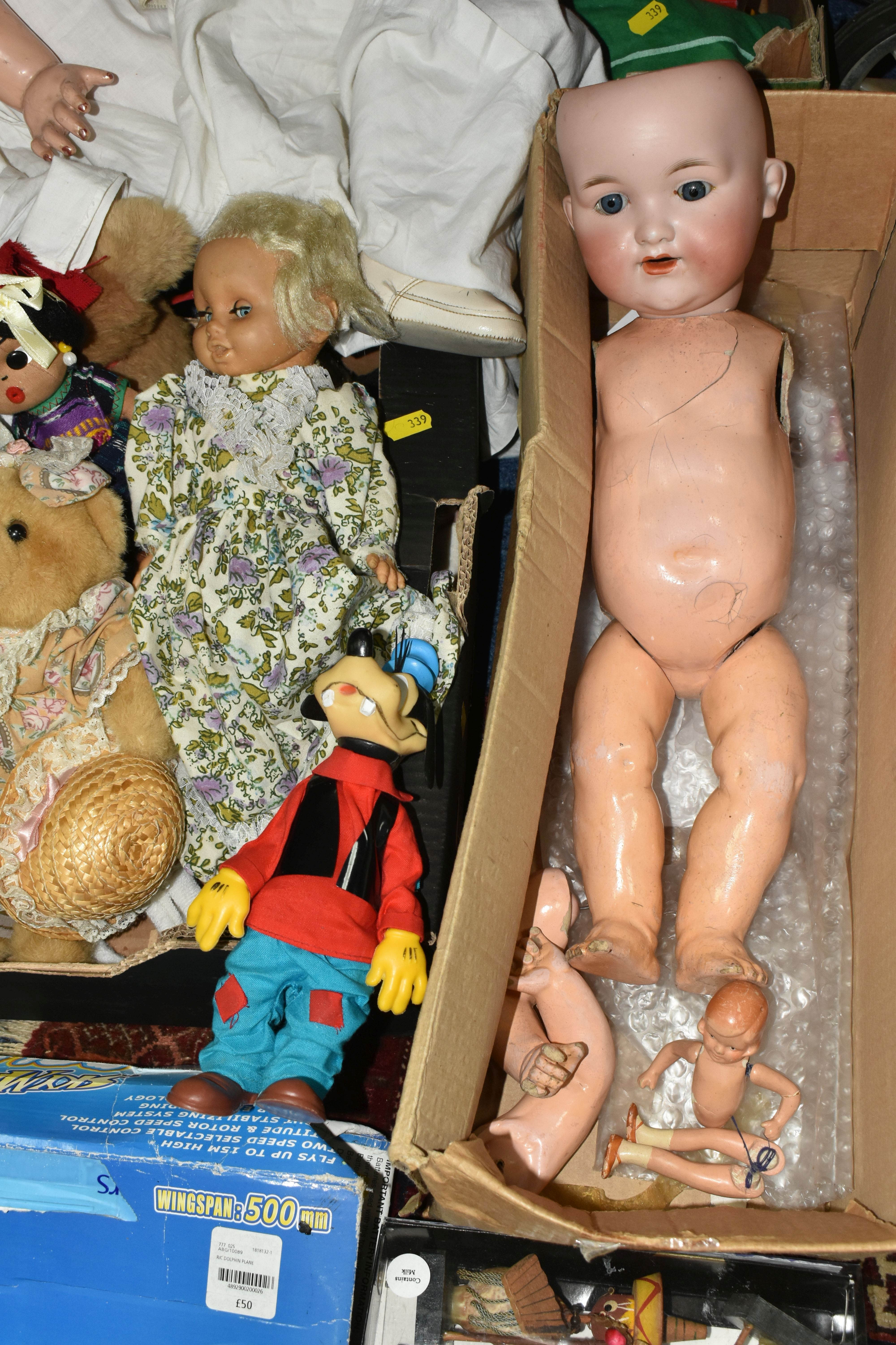 THREE BOXES OF VINTAGE TOYS, DOLLS AND GAMES, to include a porcelain doll with composite body, - Image 3 of 9