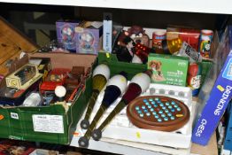 TWO BOXES AND LOOSE TOYS AND GAMES ETC, to include a boxed drinking chess set, glass chess set,