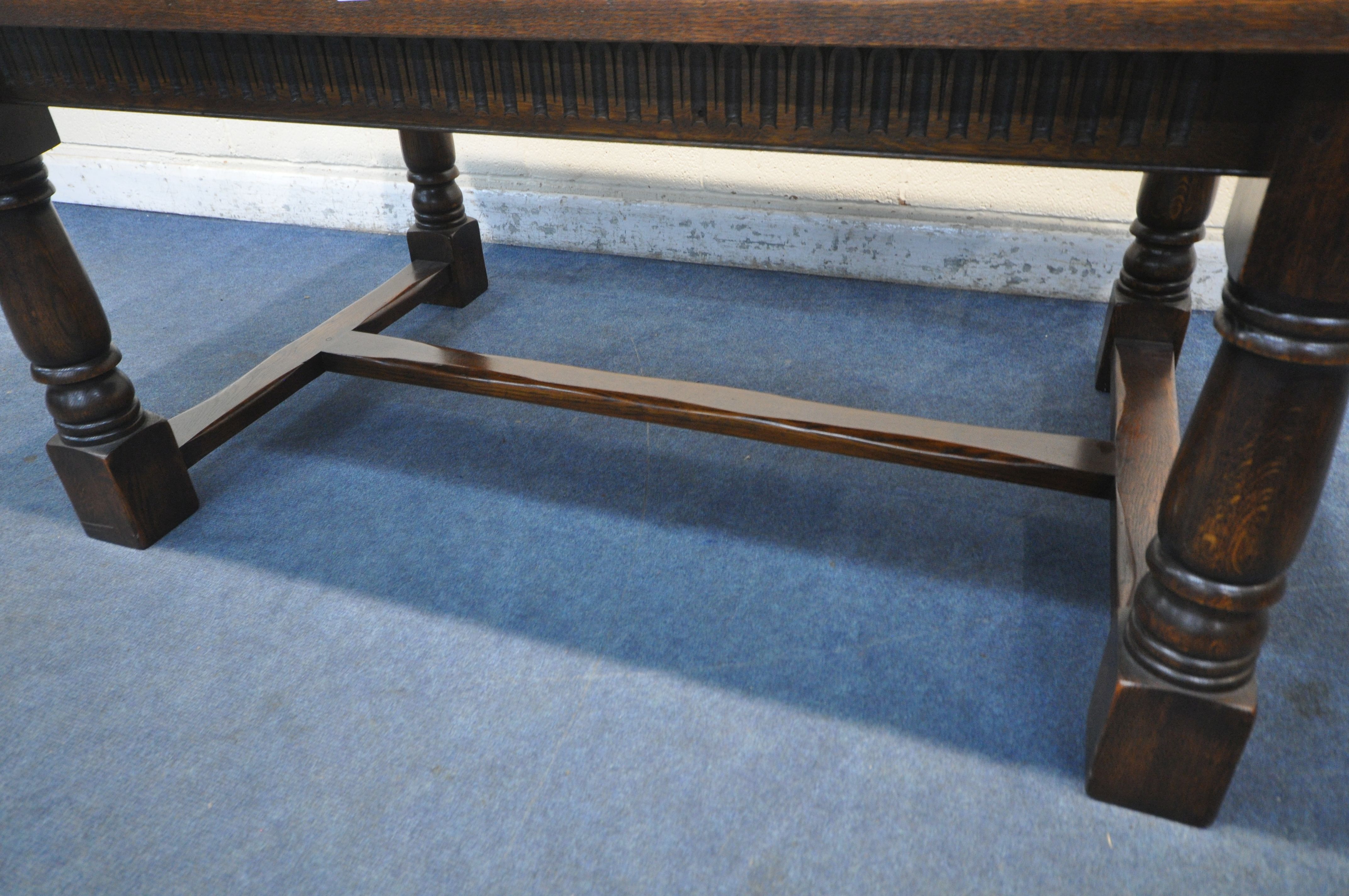 A GOOD QUALITY ROYAL OAK 7FT OAK REFECTORY TABLE, raised on block and turned legs, united by a H - Image 4 of 5