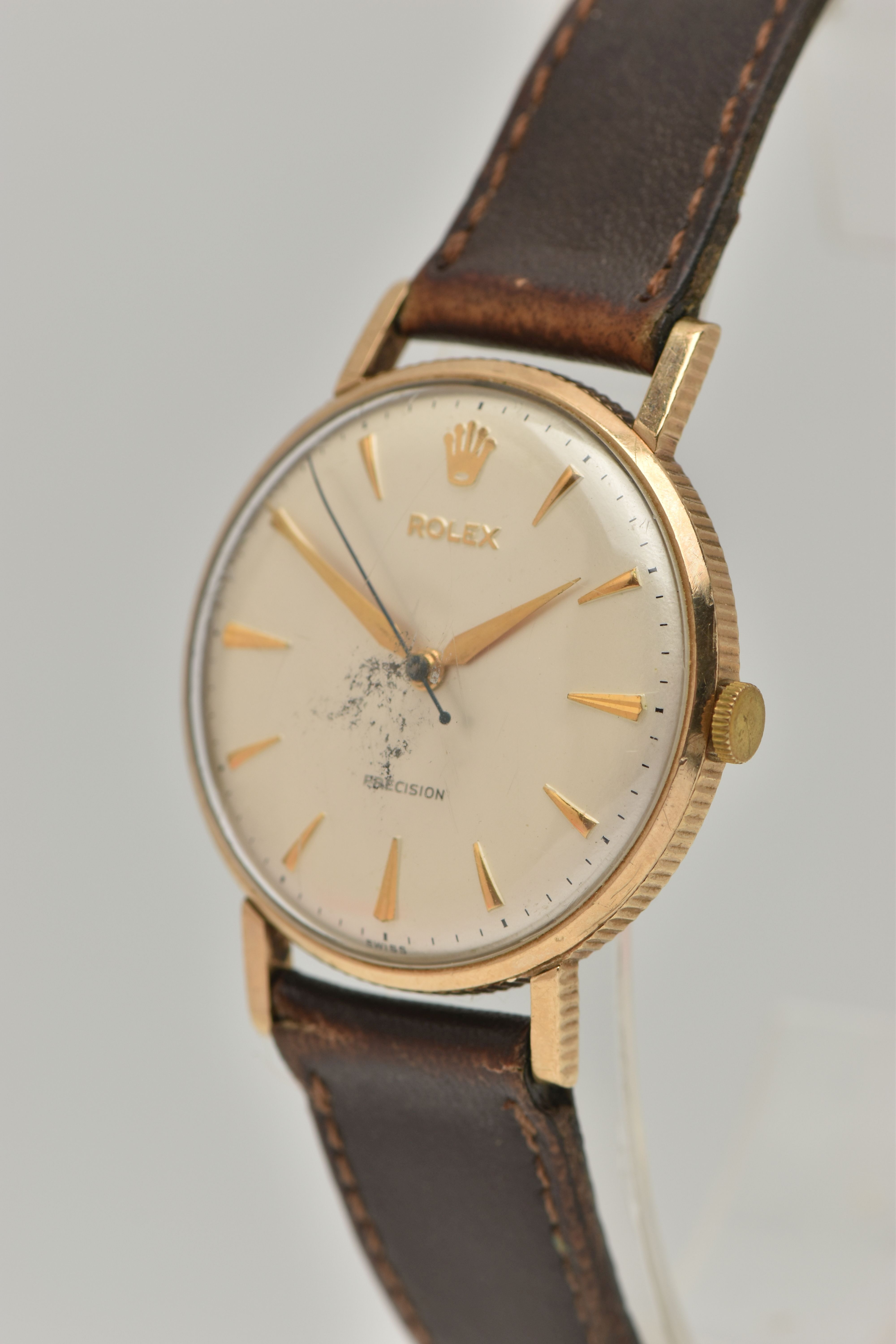 A 9CT GOLD 'ROLEX' WRISTWATCH, hand wound movement, round white dial, signed 'Rolex Precision', - Image 3 of 6
