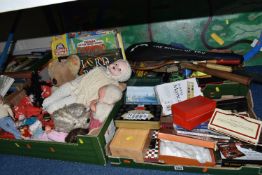 FOUR BOXES AND LOOSE VINTAGE TOYS, GAMES AND DOLLS, to include a box of six Mensa puzzle classics,