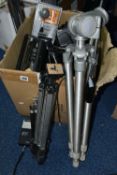 A BOX OF VINTAGE PHOTOGRAPHIC EQUIPMENT AND BINOCULARS ETC, to include a Fuji S5000 digital bridge