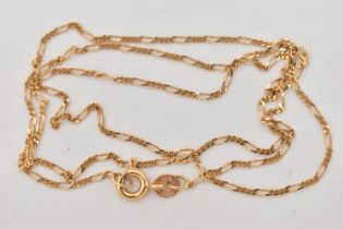 A YELLOW METAL FINE FIGARO CHAIN, fitted with a spring clasp, stamped 585, length 440mm, approximate