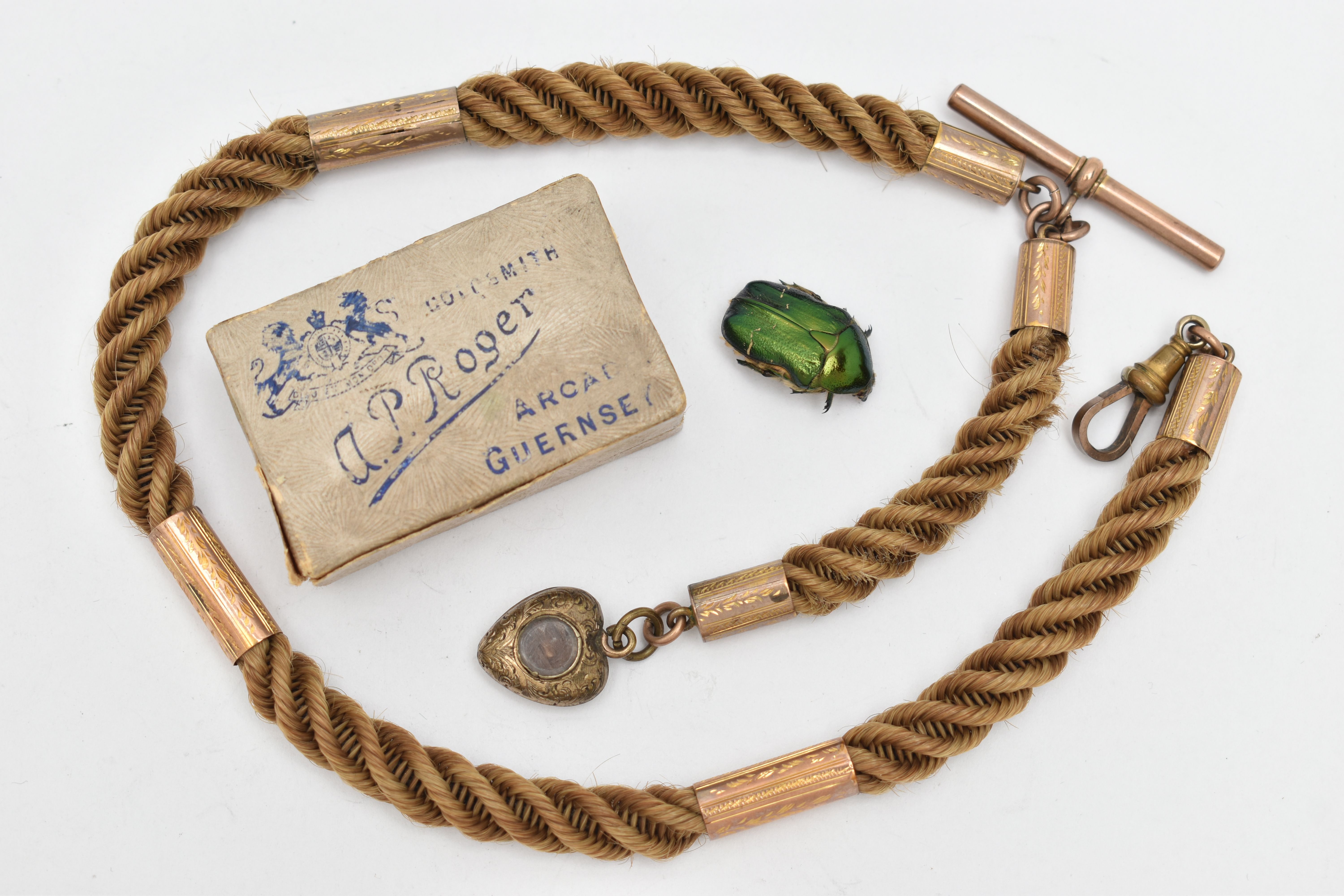 A VICTORIAN ALBERT CHAIN AND SCARAB BEETLE, a finely woven hair Albert chain with yellow metal