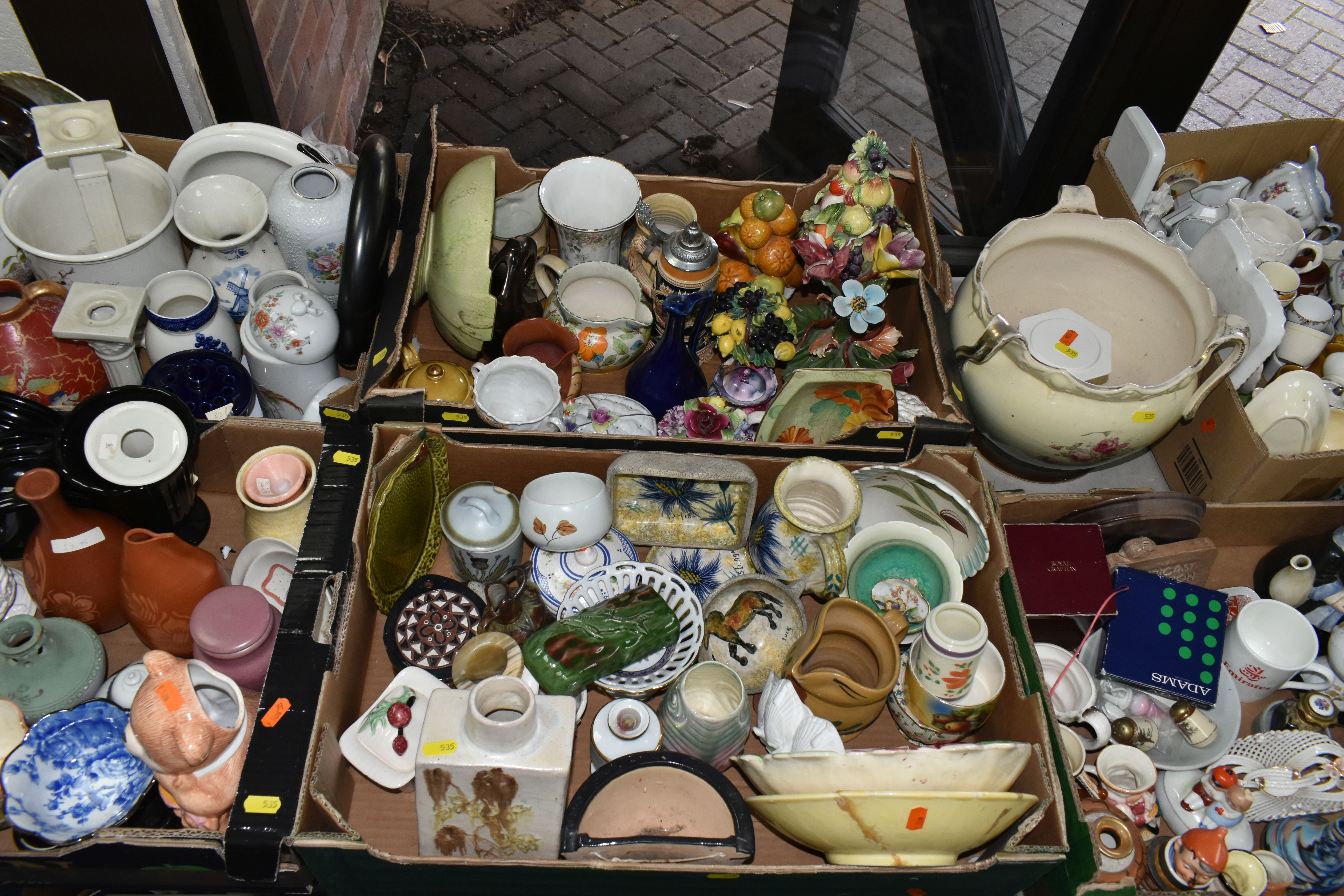 SIX BOXES AND LOOSE CERAMICS, including a Rosenthal Classic Rose face jug, a pair of Japanese