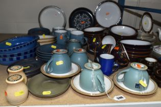 A LARGE COLLECTION OF DENBY TABLEWARE, comprising five 'Luxor' design cups and five saucers, four