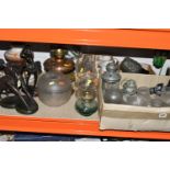 ONE BOX AND LOOSE LAMPS AND GLASS SHADES, to include a copper oil lamp, two glass reservoir oil