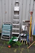 THREE ALUMINIUM STEP LADDERS, two folding garden chairs and a selection of garden tools