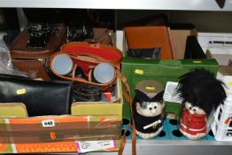 THREE BOXES AND LOOSE BINOCULARS, BAKELITE AND SUNDRIES, to include a Bell & Howell Focus- Matic