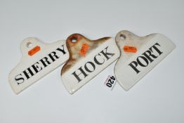 THREE 19TH CENTURY CERAMIC WINE BIN LABELS, comprising a Spode 'HOCK' label, impressed marks and two