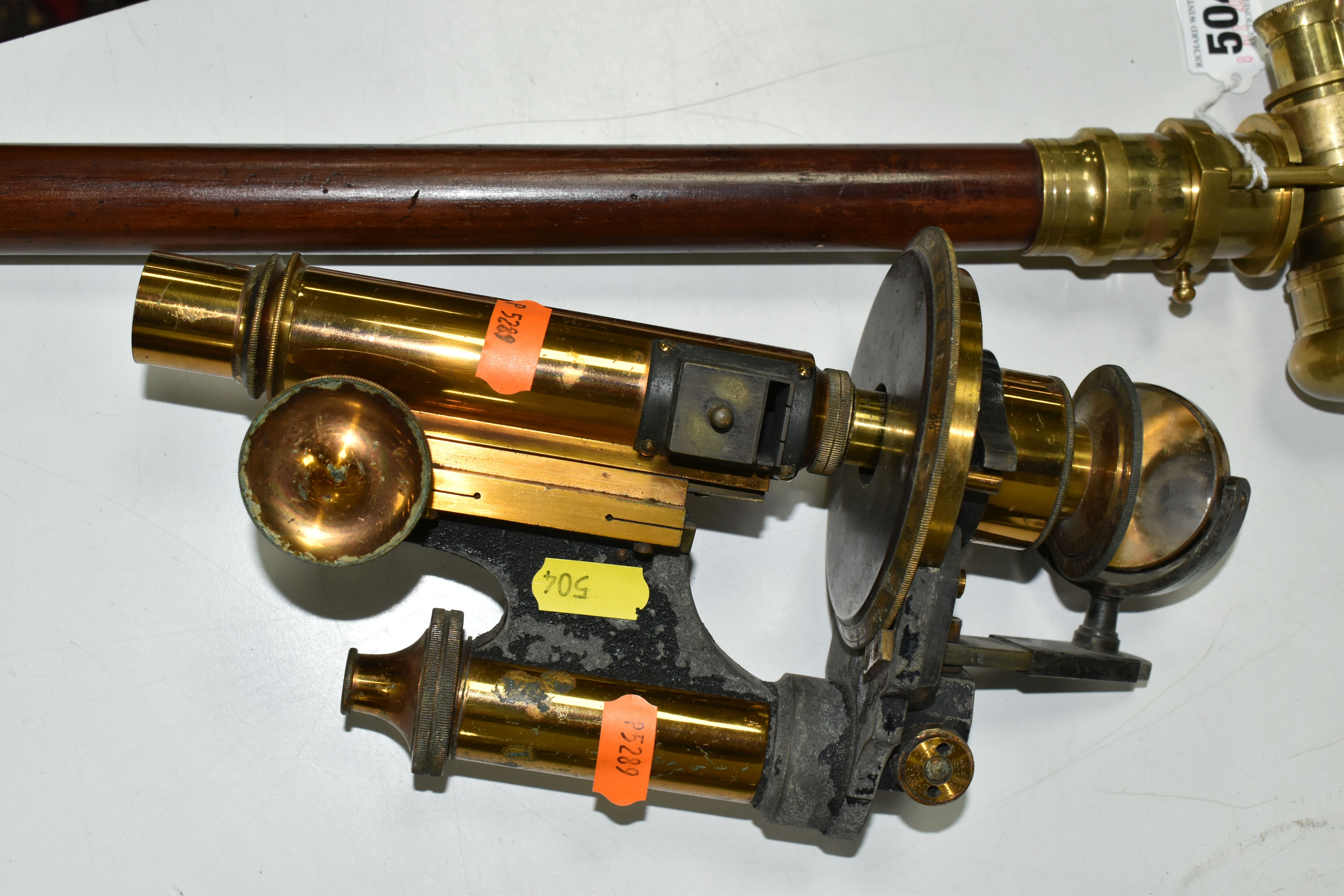 A REPRODUCTION WALKING CANE FITTED WITH BRASS TELESCOPE, length with telescope open 92cm, together - Image 2 of 8