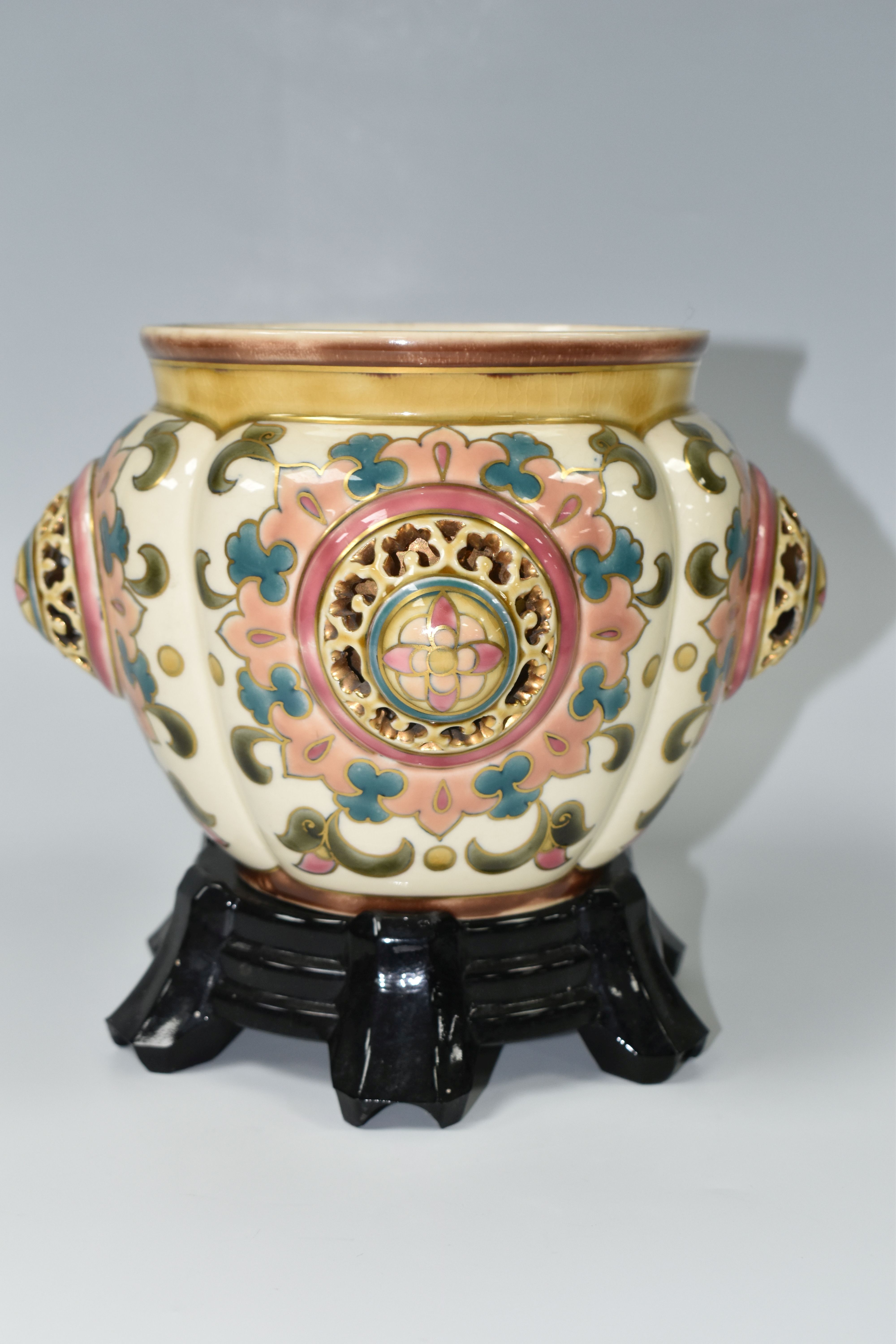 AN AUSTRIAN ZSOLNAY PECS PLANTER, florally decorated with a reticulated roundel on four sides, - Image 2 of 6