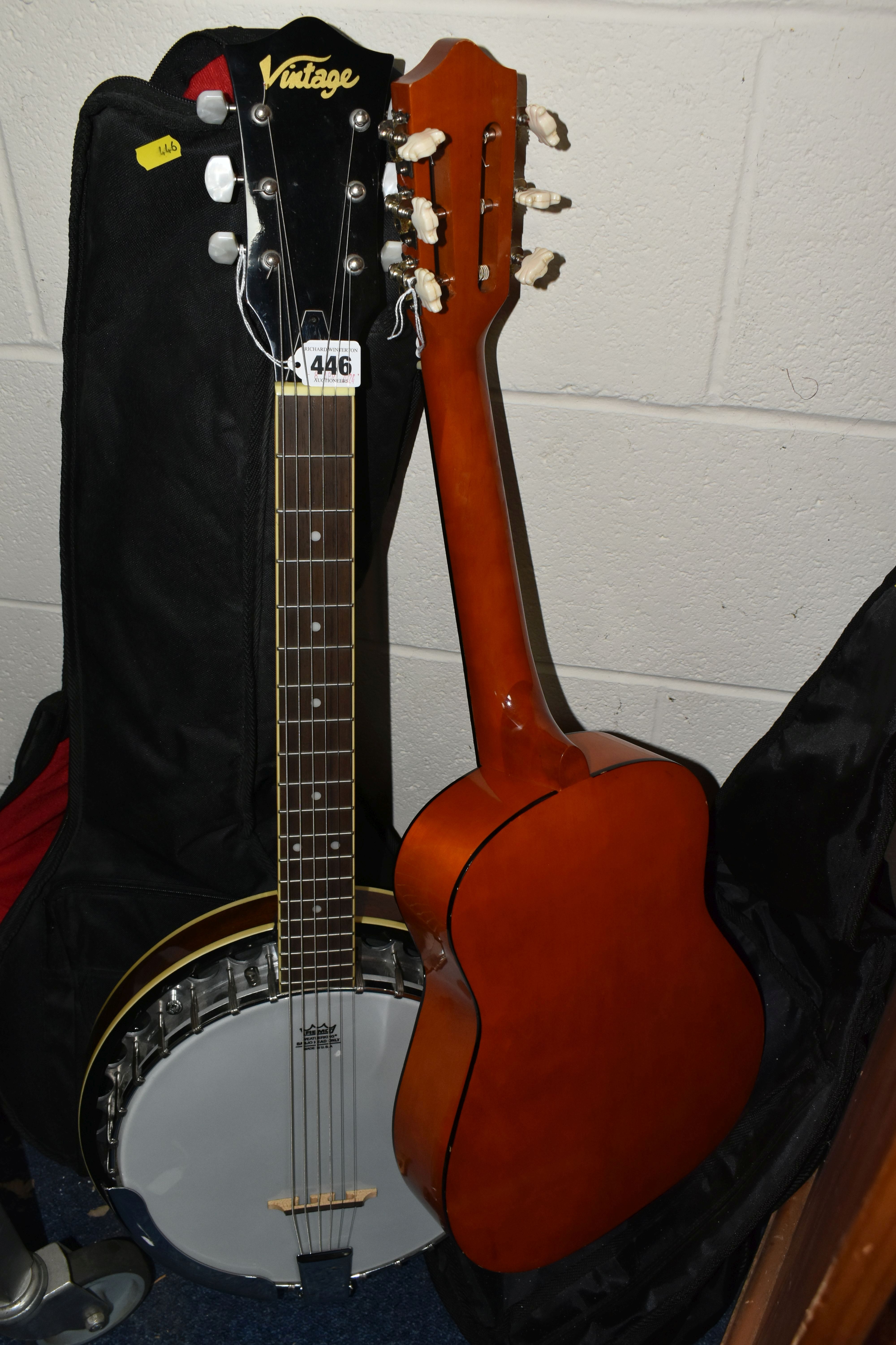 A 'VINTAGE' BANJO AND CHILD'S ACOUSTIC GUITAR, comprising a six string banjo with a soft case and - Image 8 of 8