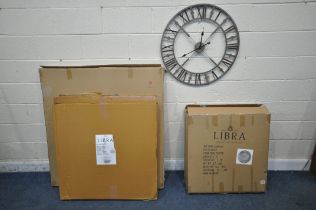 TWO BOXED LIBRA WALL CLOCKS, an unboxed wall clock, a boxed libra decorative wall plaque, along with