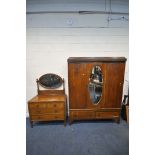 A 20TH CENTURY OAK TWO PIECE BEDROOM SUITE, comprising a single mirror door wardrobe, with two