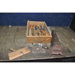 A WOODEN DRAWER CONTAINING CARPENTRY TOOLS including a vintage steel rebate plane with 5/8in cut 6in