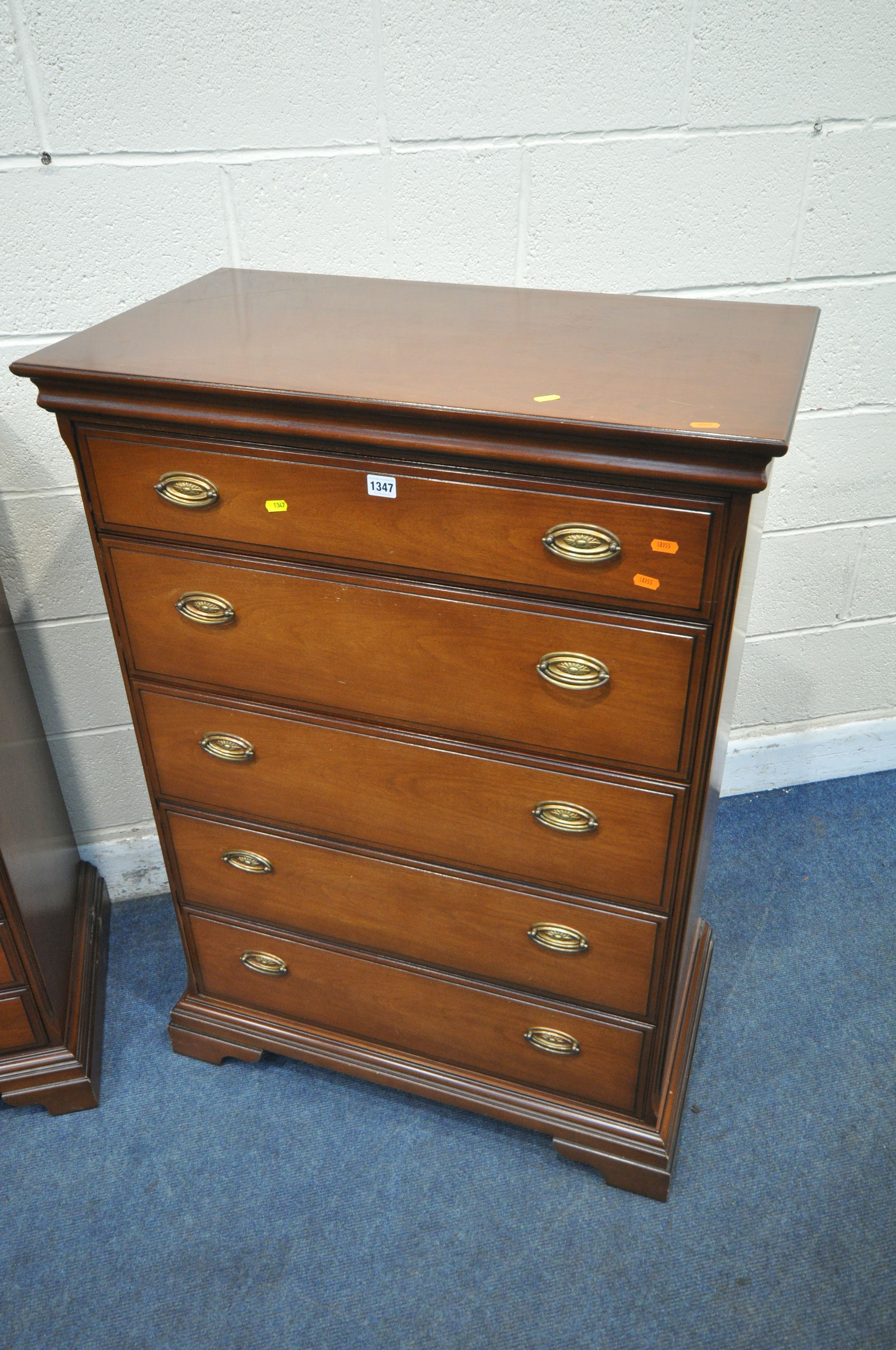 A PAIR OF STAG MAHOGANY CHESTS OF FIVE DRAWERS, width 82cm x depth 46cm x height 116cm, along with a - Image 2 of 4