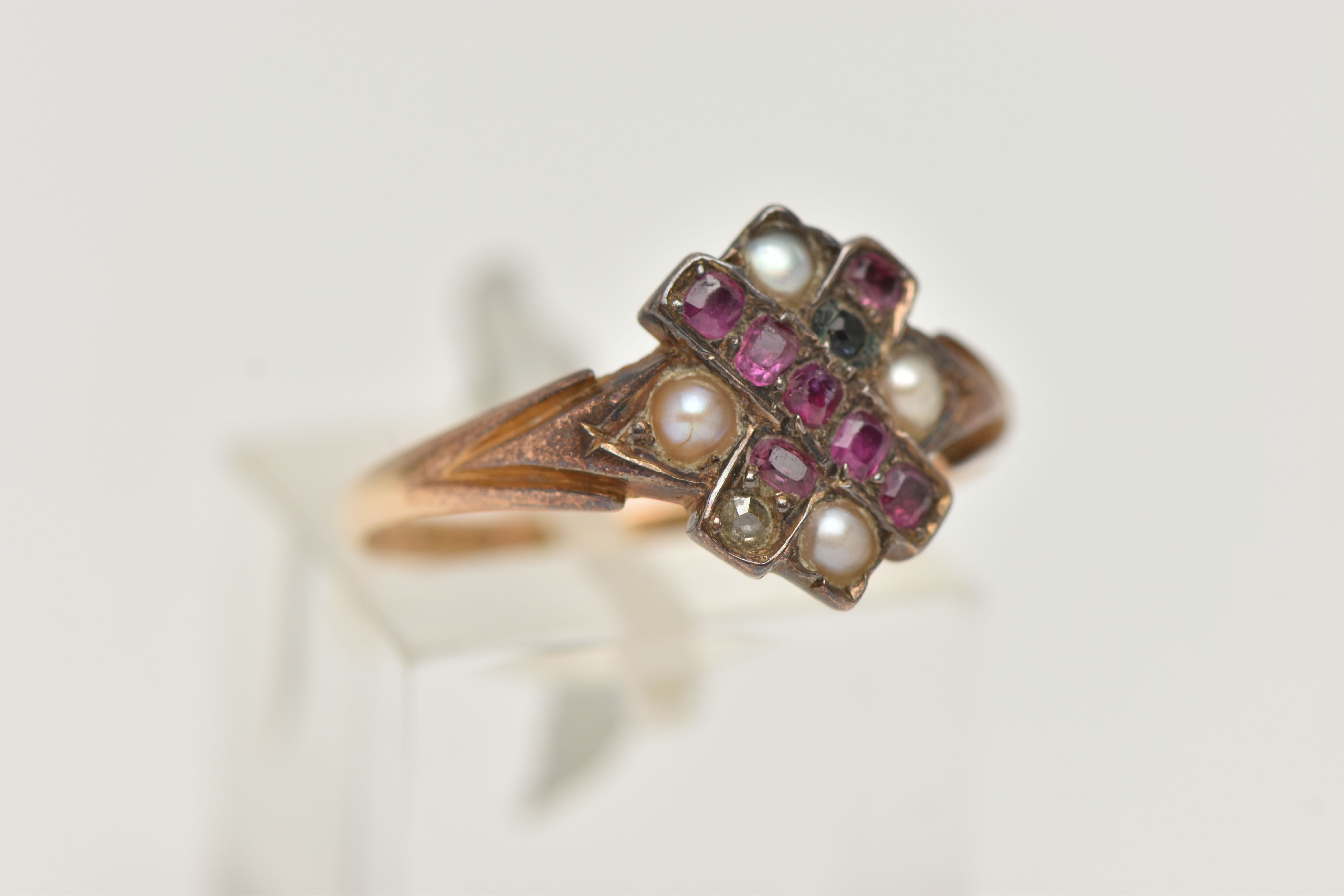 A 15CT GOLD VICTORIAN GEM SET RING, designed as a cross set with predominantly oval cut rubies, four - Image 4 of 4