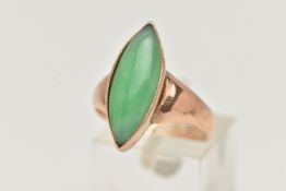 A ROSE METAL JADE DRESS RING, marquise jade cabochon, in a milgrain collet setting, measuring