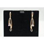 A BOXED PAIR OF 9CT GOLD SAPPHIRE AND DIAMOND EARRINGS, drop earrings each set with a marquise cut