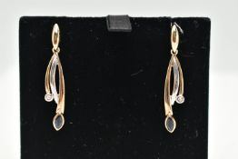 A BOXED PAIR OF 9CT GOLD SAPPHIRE AND DIAMOND EARRINGS, drop earrings each set with a marquise cut