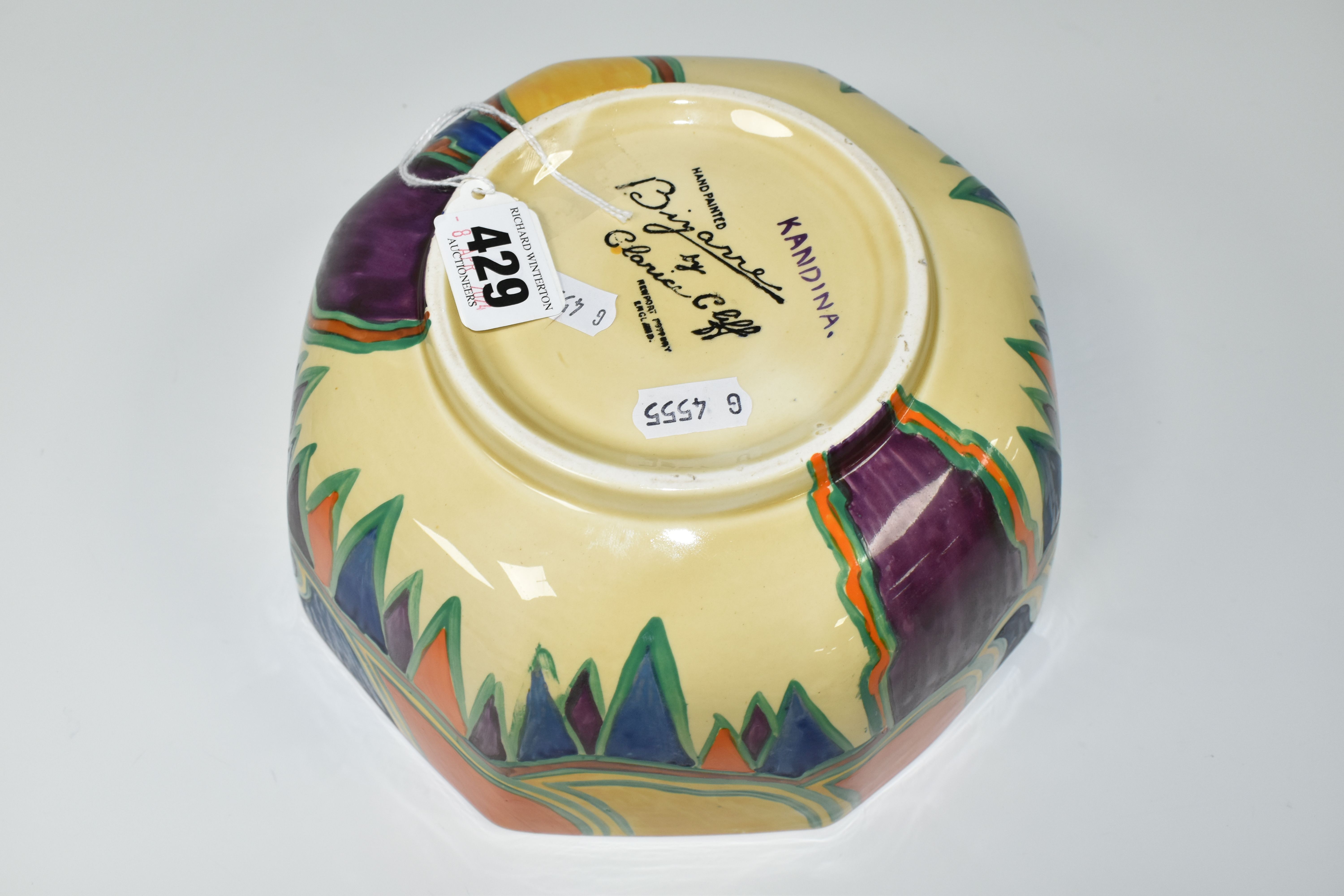 A CLARICE CLIFF BIZARRE KANDINA OCTAGONAL BOWL, the interior painted with bands of orange, green, - Image 6 of 7