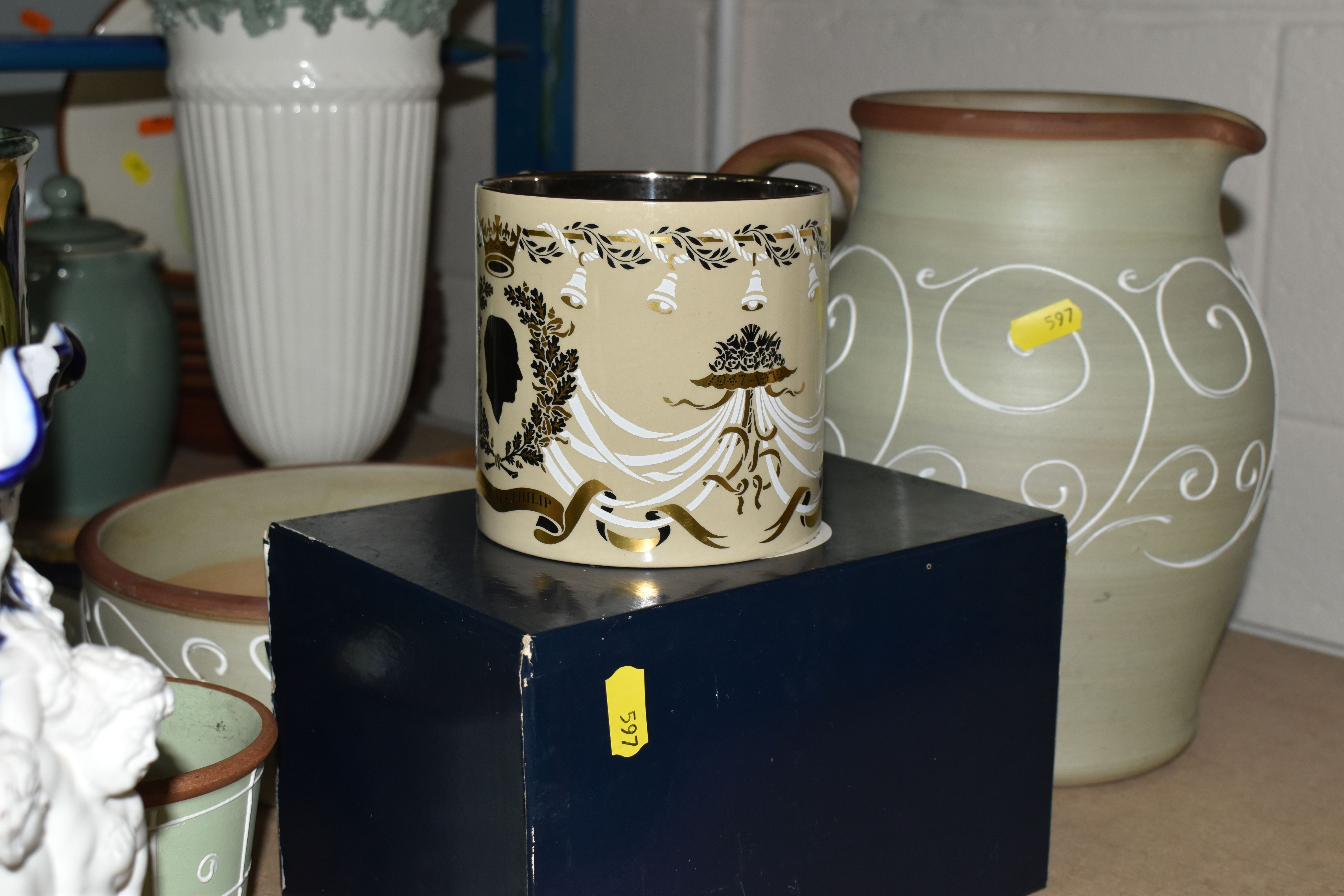 A GROUP OF CERAMICS, comprising a Morris Ware vase decorated in a blue, green and purple fish and - Image 7 of 11