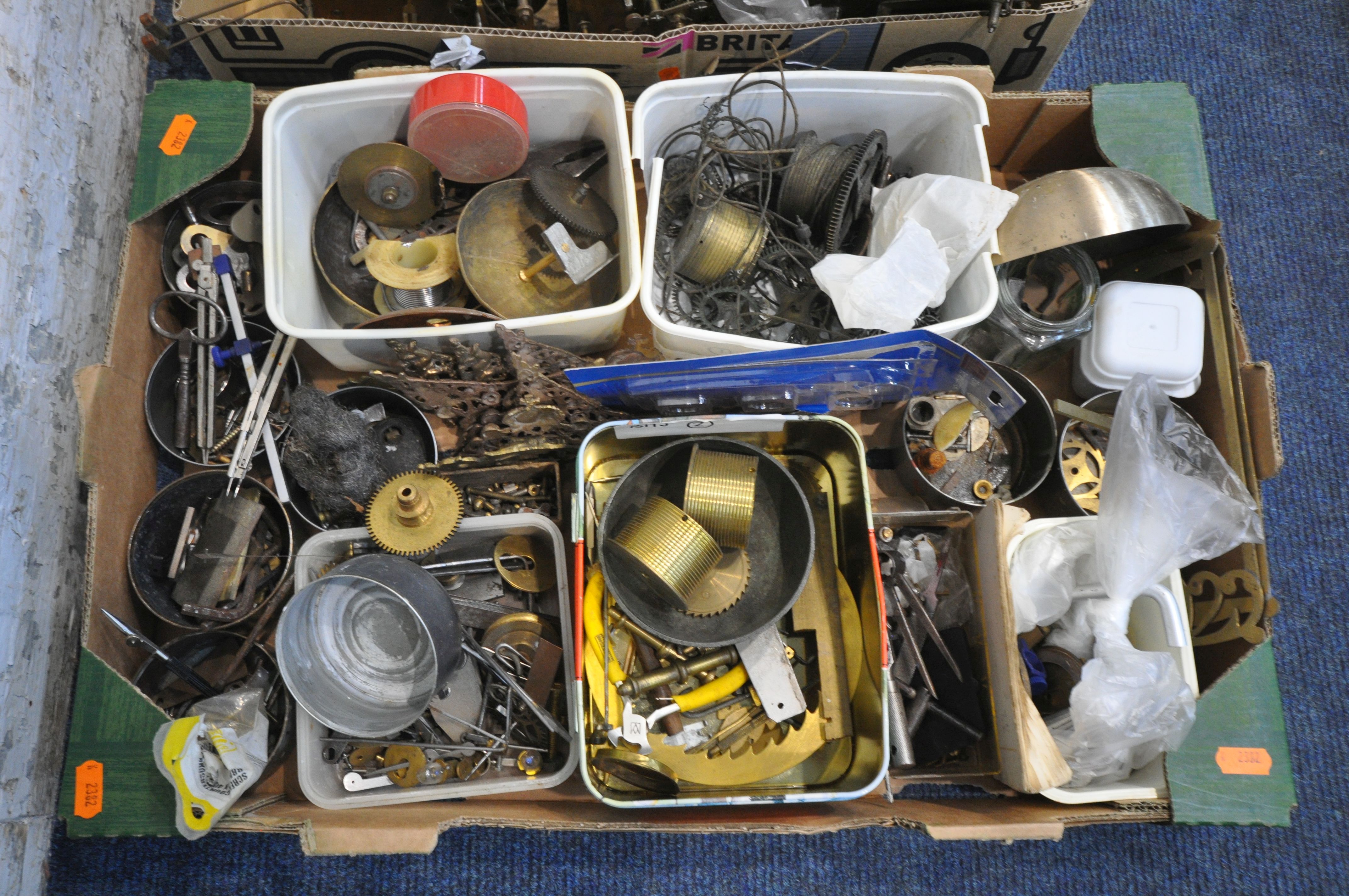 SIX TRAYS CONTAINING WATCHMAKERS TOOLS AND CLOCK PARTS, to include movements, weights, faces, - Image 2 of 19